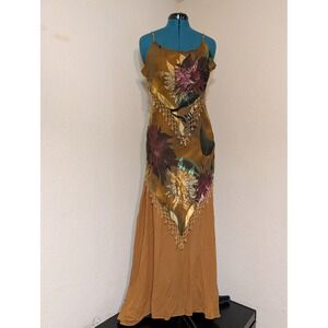 Aris A USA Floral Beaded Fringe Handkerchief Dress Brown Gold Whimsigoth M/L